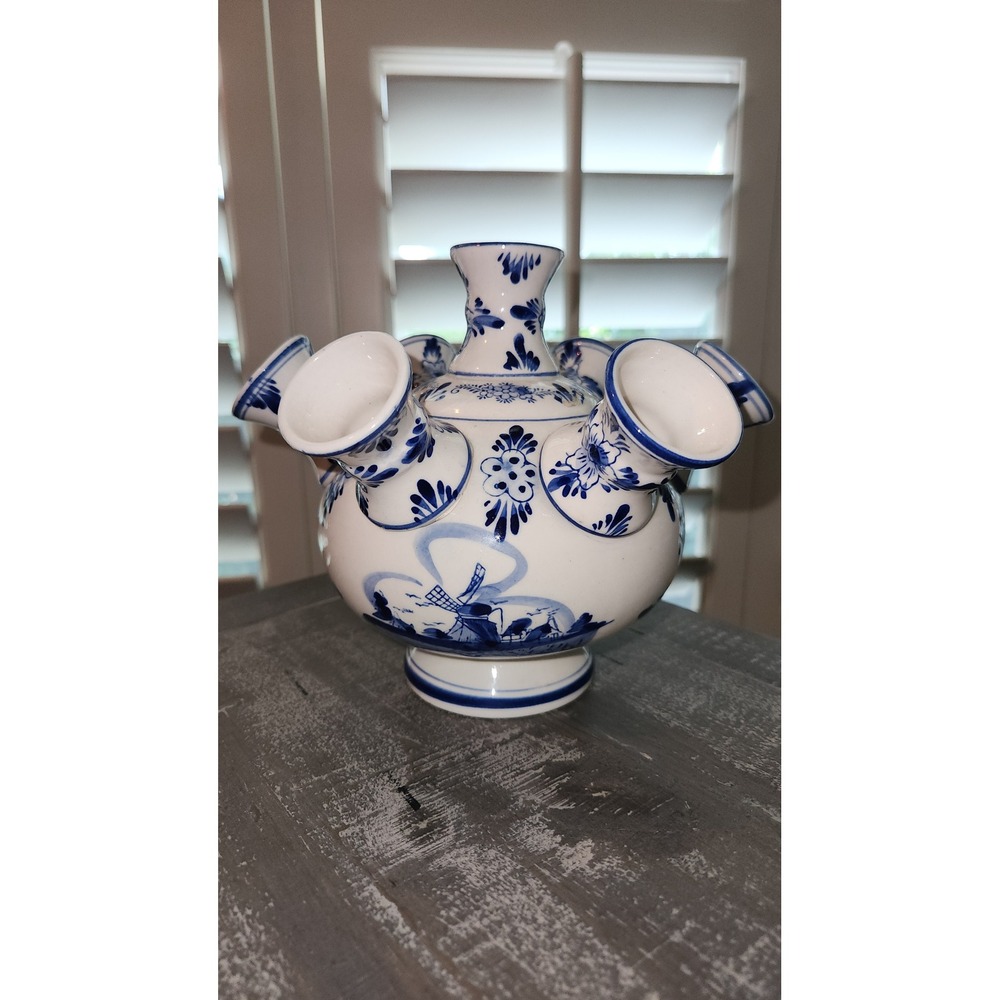 Delft Blue Ceramic Tulipiere Vase 7 Spout Windmill Floral Hand Painted 7 Inch